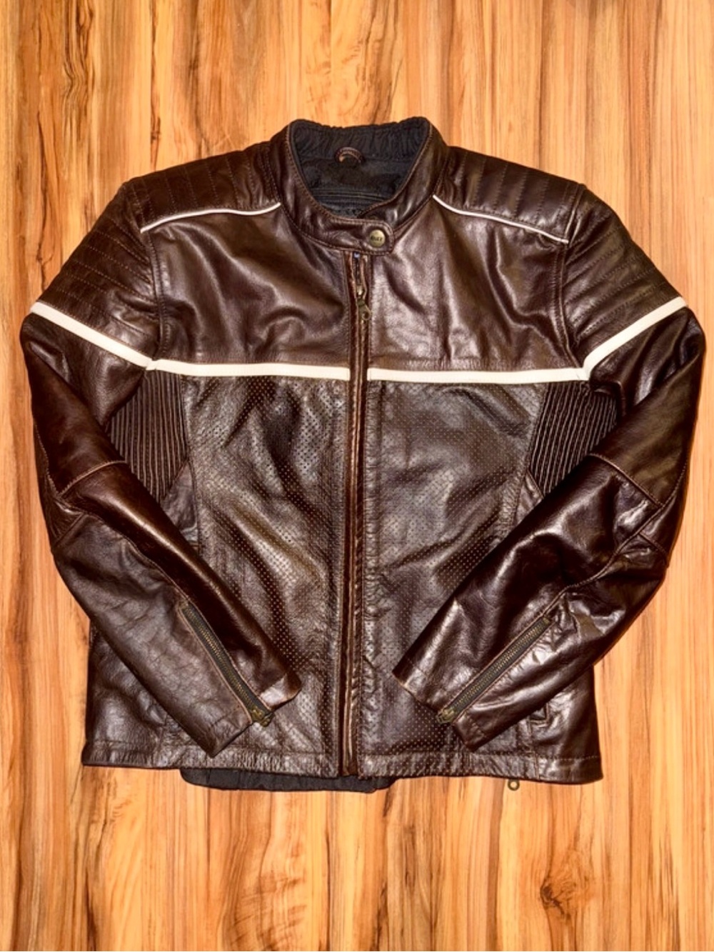Men's Dark Brown Leather Bomber Jacket with White Contrast Stripe